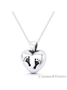 Heart & Baby Footprint Motherhood Charm Pendant in Oxidized .925 Sterling Silver